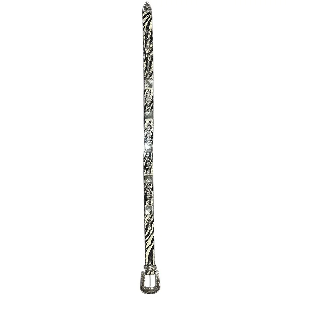 Y2K Zebra Print Rhinestone Western Belt Leather‎